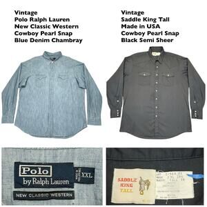 2 Lot Vtg Pearl Snap Western 2XL Shirt Polo RL Chambray Denim Saddle King Tall